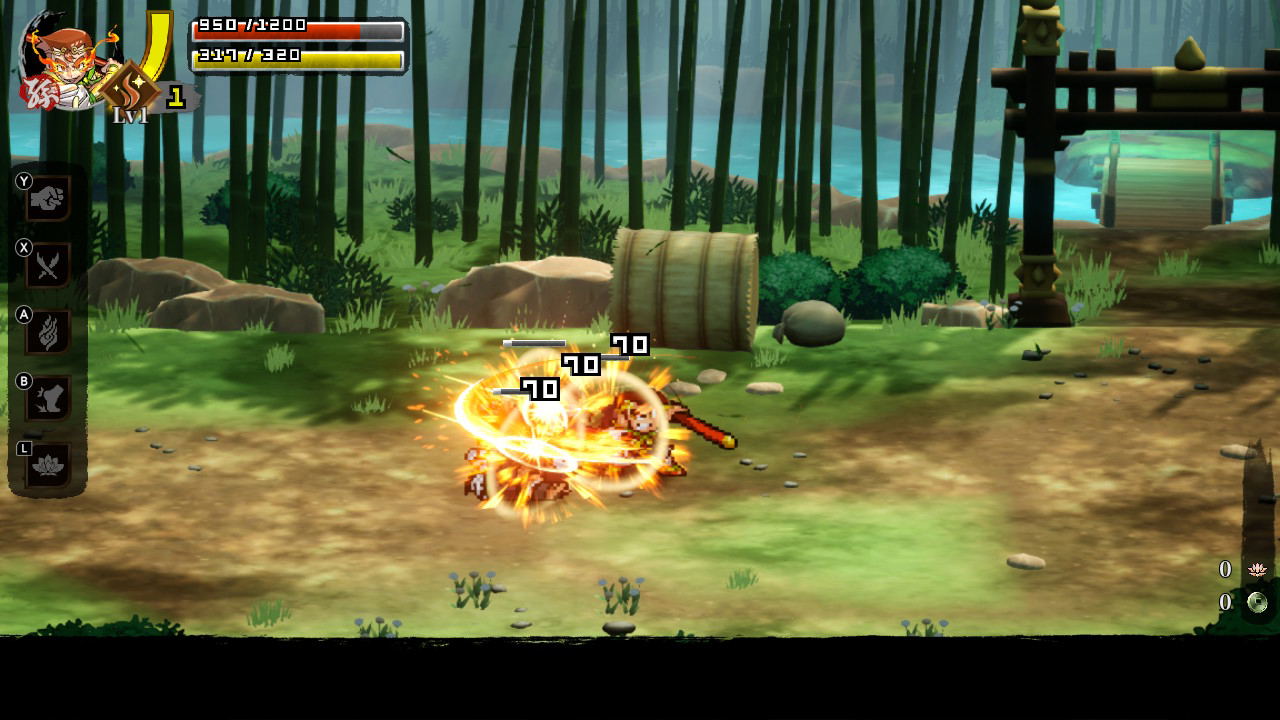 Game screen showing a character in a forest with a glowing effect