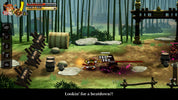 Screenshot of a video game with a character in a forest setting, surrounded by wooden crates and barrels.