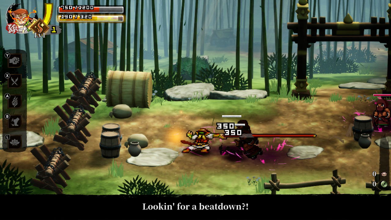 Screenshot of a video game with a character in a forest setting, surrounded by wooden crates and barrels.