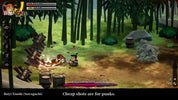 Screenshot of a video game with characters around a campfire in a forest setting.