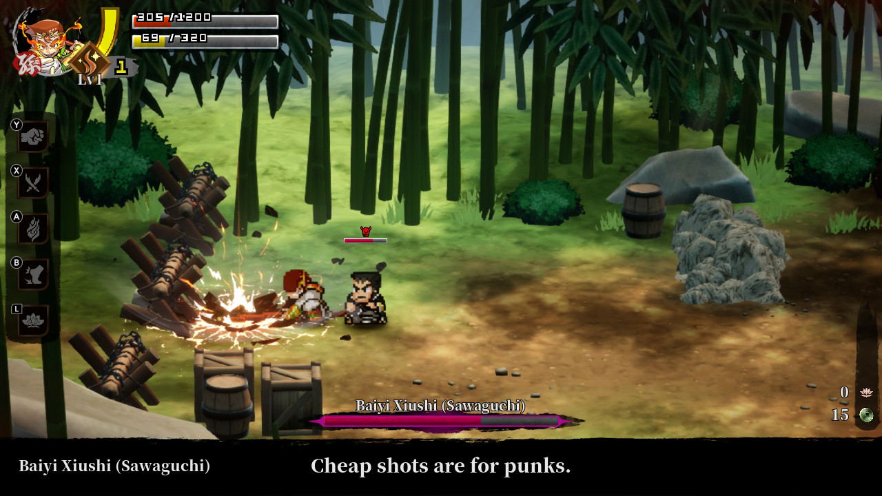 Screenshot of a video game with characters around a campfire in a forest setting.