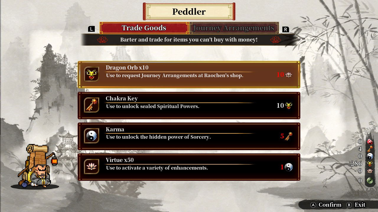 Game interface showing a peddler with trade goods in a fantasy setting