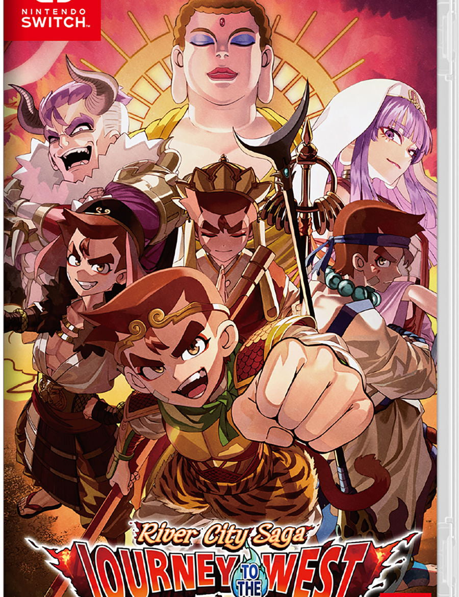 Cover of 'River City Saga: Journey to the West' for Nintendo Switch with animated characters and vibrant colors.