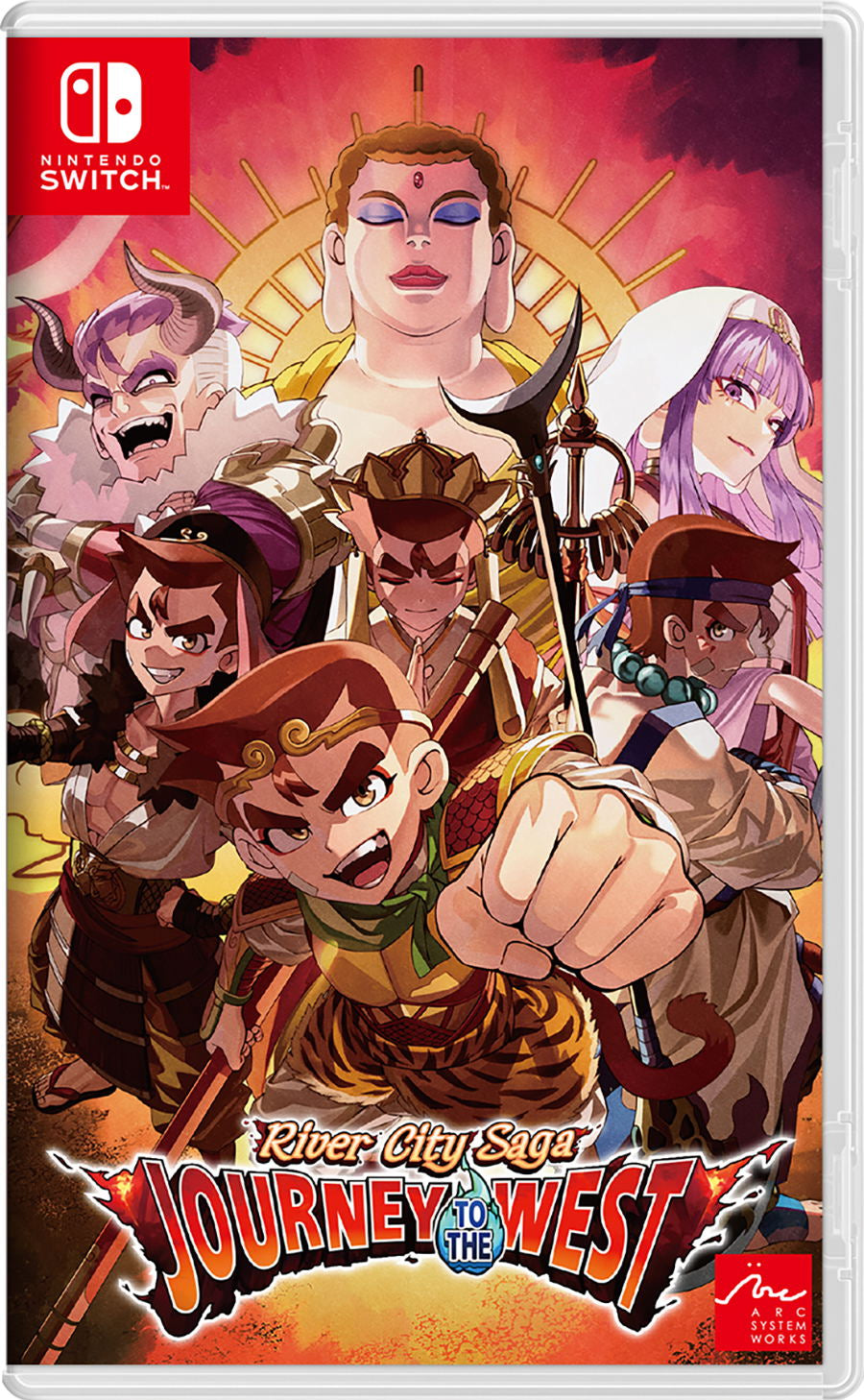 Cover of 'River City Saga: Journey to the West' for Nintendo Switch with animated characters and vibrant colors.
