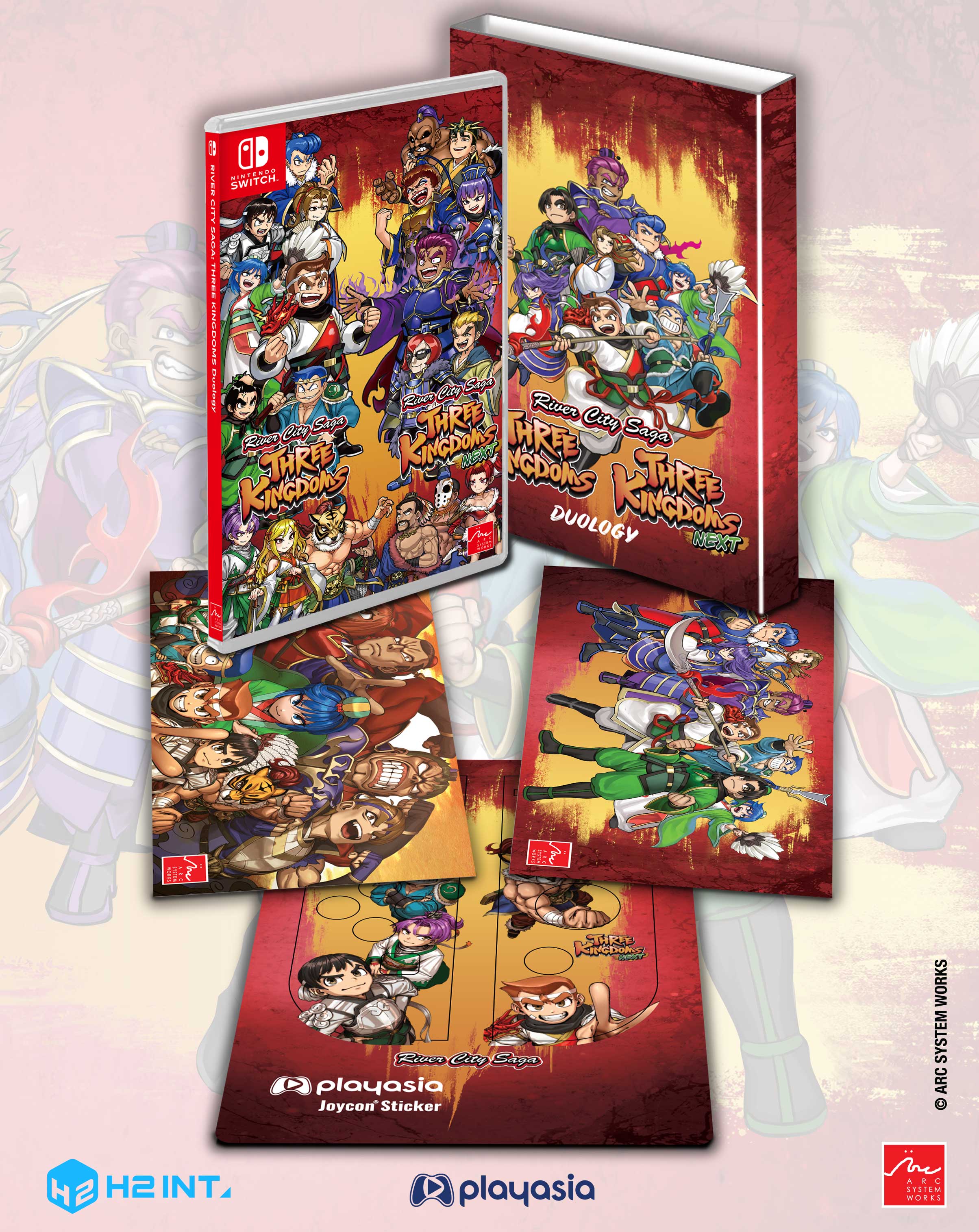 Three Kingdoms game cases with colorful characters on a light pink background