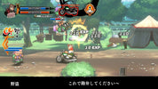 Screenshot of a video game with characters and health bars on a grassy area.