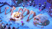 A blocky, isometric winter scene with snow-covered ground, icy structures, glowing orange fire, stylized trees, and small colorful characters in a pixel-art game-like environment.