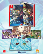 Nintendo Switch game console with 'Riviera: The Promised Land' packaging and additional artwork on a light blue background.