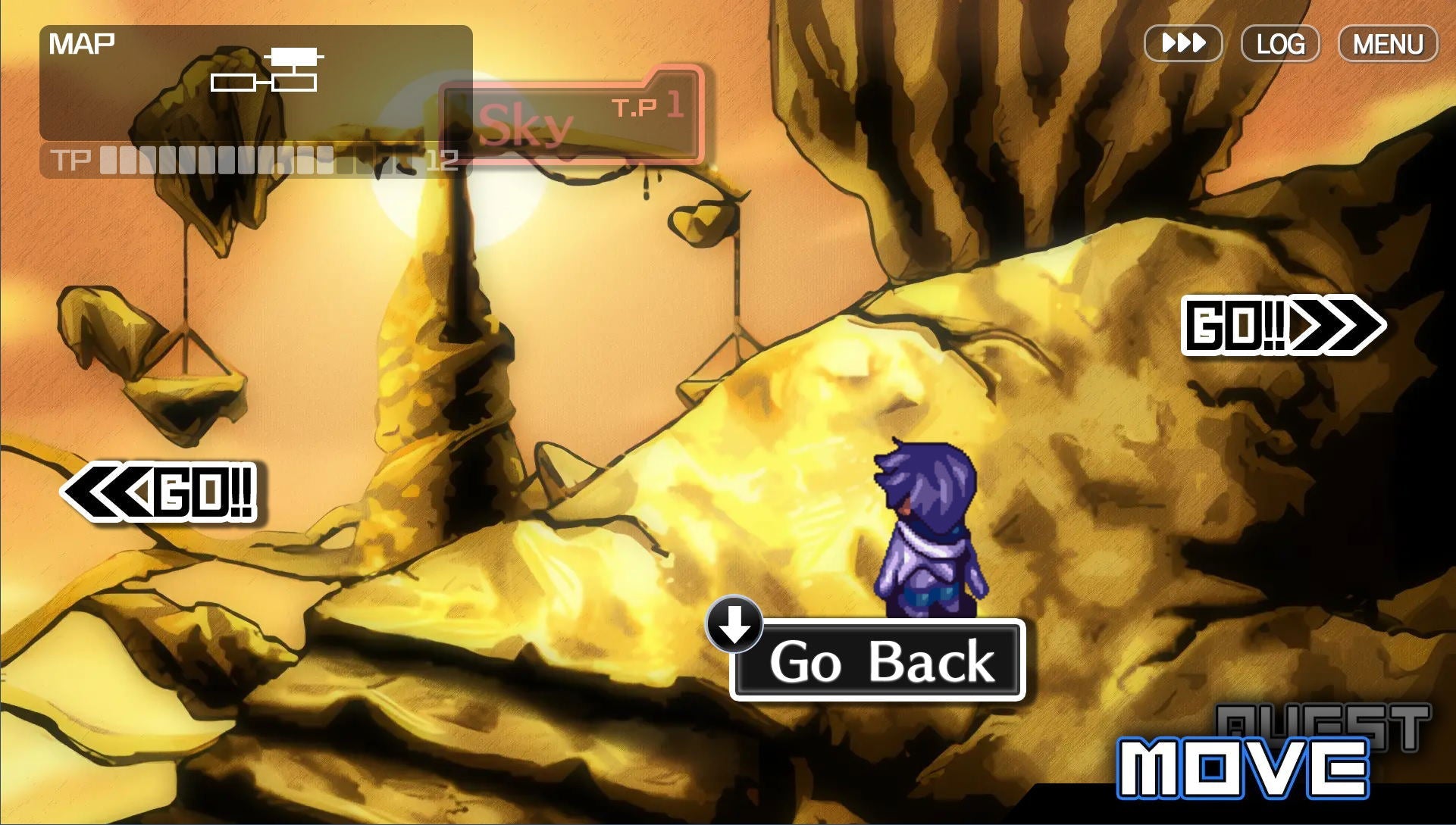 Game screen with character on a rocky landscape, 'Go!' and 'Move' options displayed.