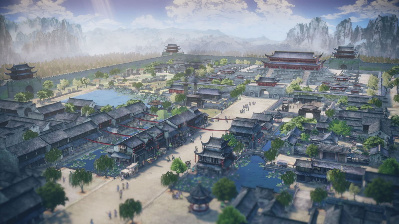 Traditional Chinese cityscape with pagoda-style buildings and a river