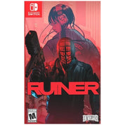 Nintendo Switch game box art for the title 'RUNER' featuring a stylized red and black illustration of a woman holding a gun and a masked figure in the foreground, with the Nintendo Switch logo in the top left and the Parental Guidance rating in the bottom left.