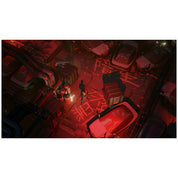 A stylized top-down scene with two human figures standing in a dark industrial alley filled with cars and red lighting. This appears to be digital artwork or a game-style scene rather than a physical retail product photo, so subject_type is best classified as Other.