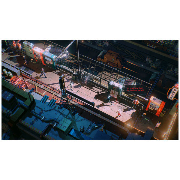 A high-angle digital illustration of a futuristic sci-fi city street scene at night, featuring trains, vehicles, and small characters with dramatic neon lighting.