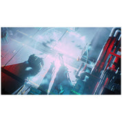 A stylized sci-fi industrial scene with silhouetted figures standing in a bright blue-white light, surrounded by metallic structures and red pipes, centered on a white background.