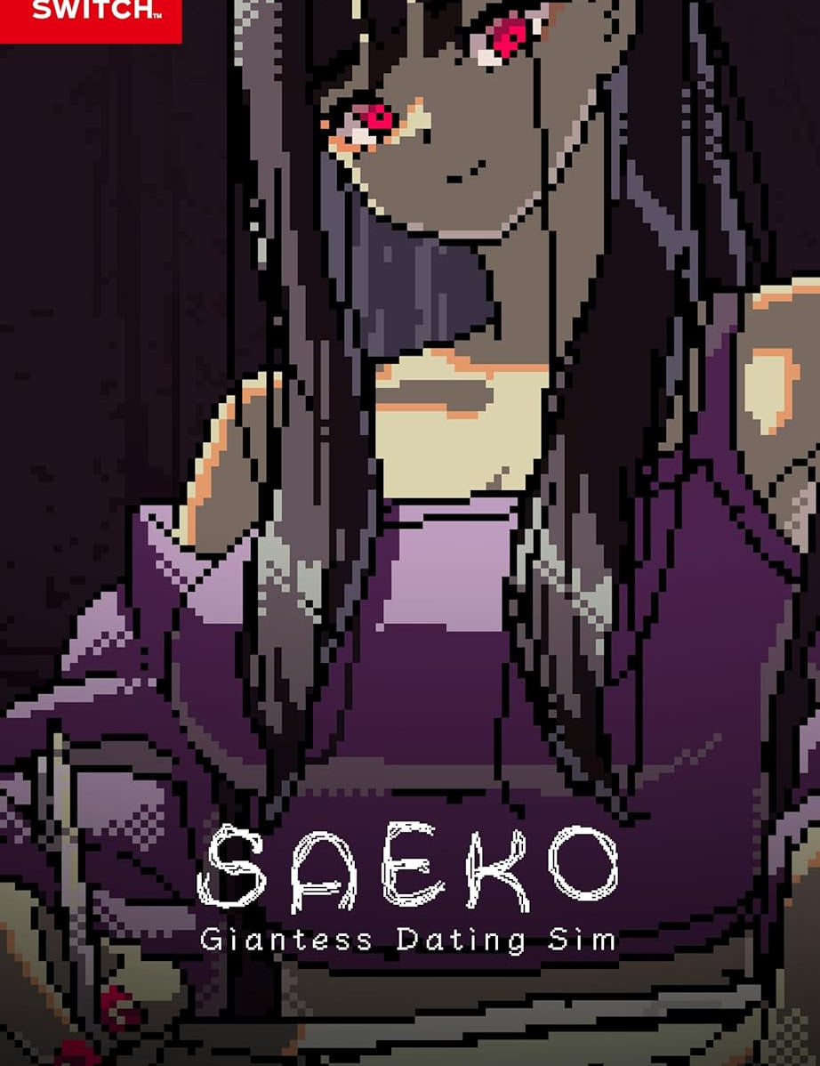 Pixel art game cover for 'SAEKO: Giantess Dating Sim' on Nintendo Switch with a dark background.