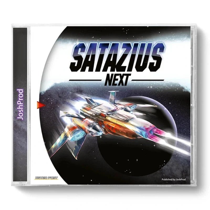 A CD jewel case for the video game 'Satazius Next' by JoshProd, featuring a sci-fi spaceship graphic on the cover art.