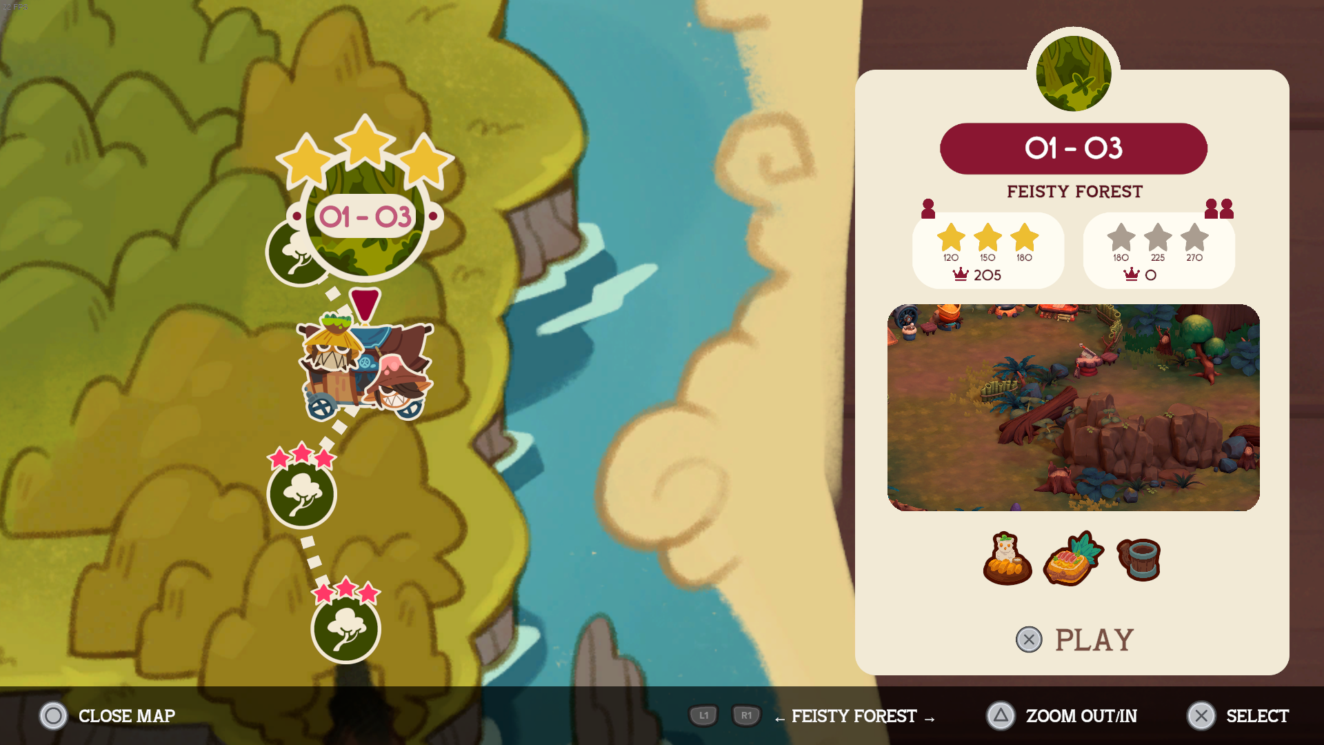 Game interface with map and character selection on a forest background