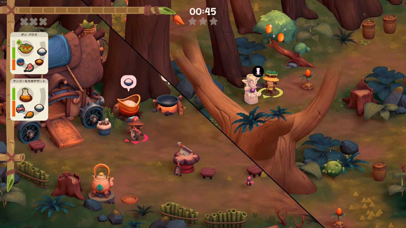 Screenshot of a colorful game scene with characters and objects in a forest setting.