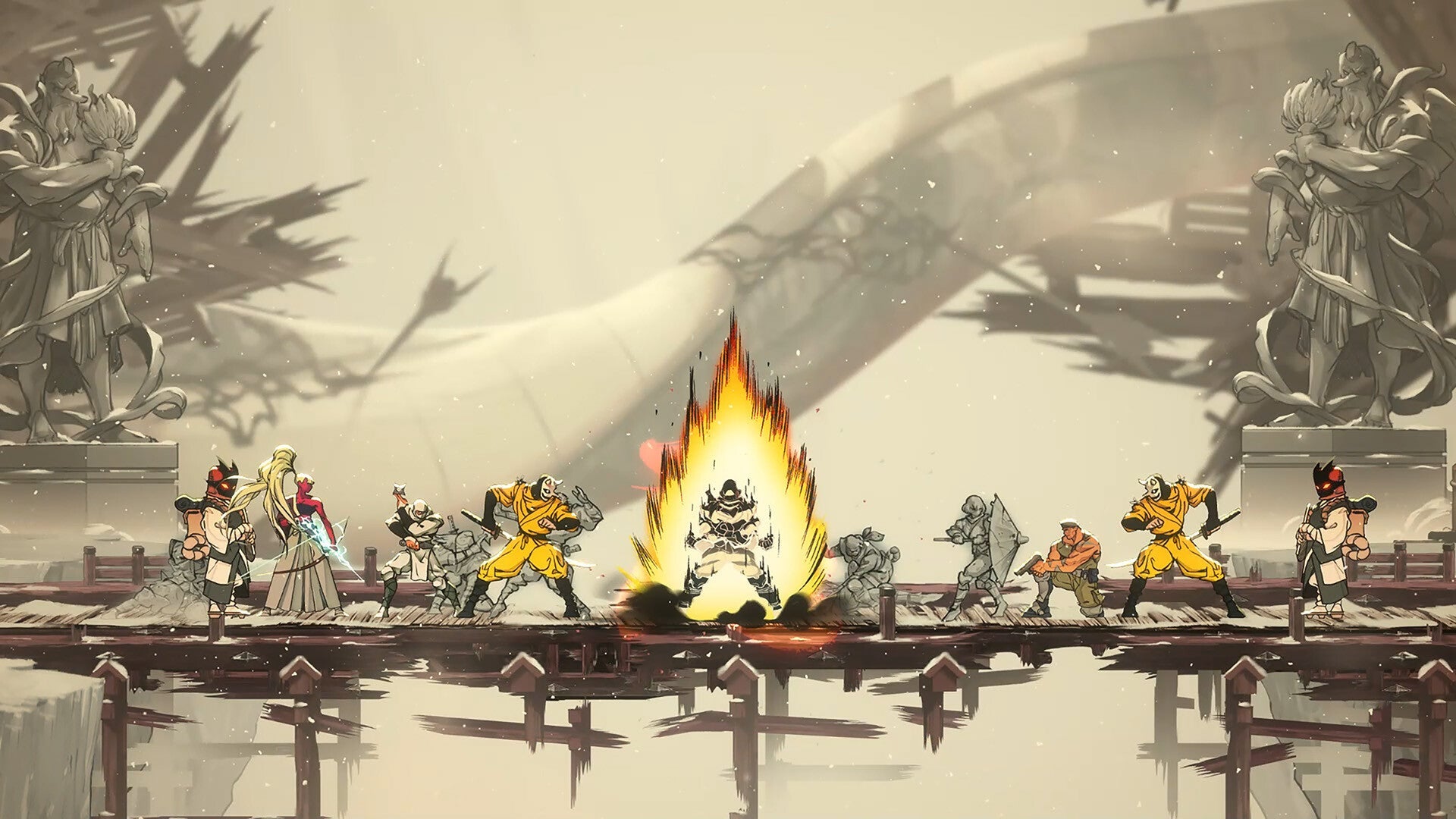 Animated scene with characters around a bonfire, set against a historical or classical architecture backdrop.