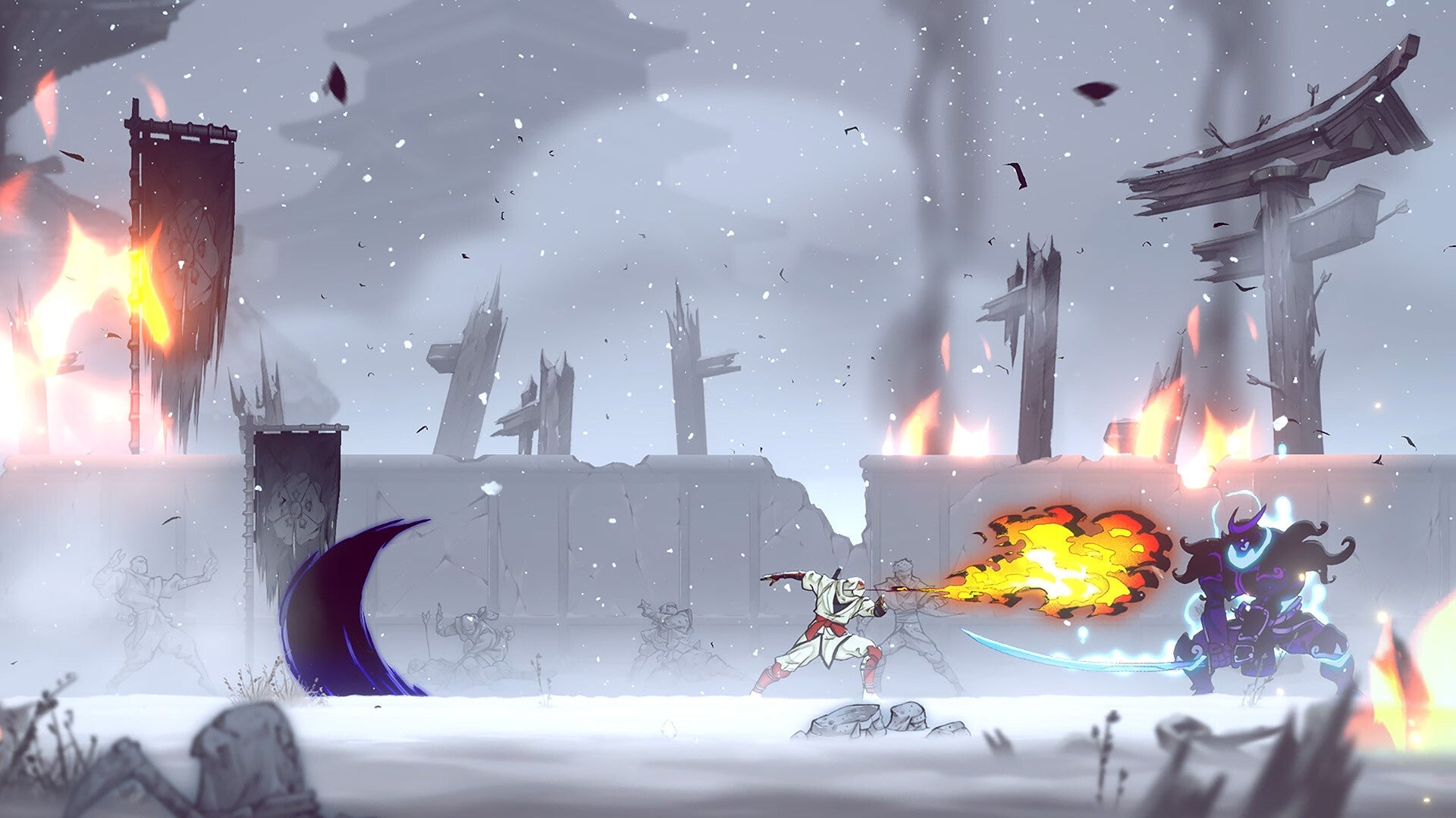 Animated scene with characters in a snowy landscape with fires and attacks.