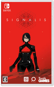 Game cover for 'Signalis' on Nintendo Switch with a character in black attire on a red background.