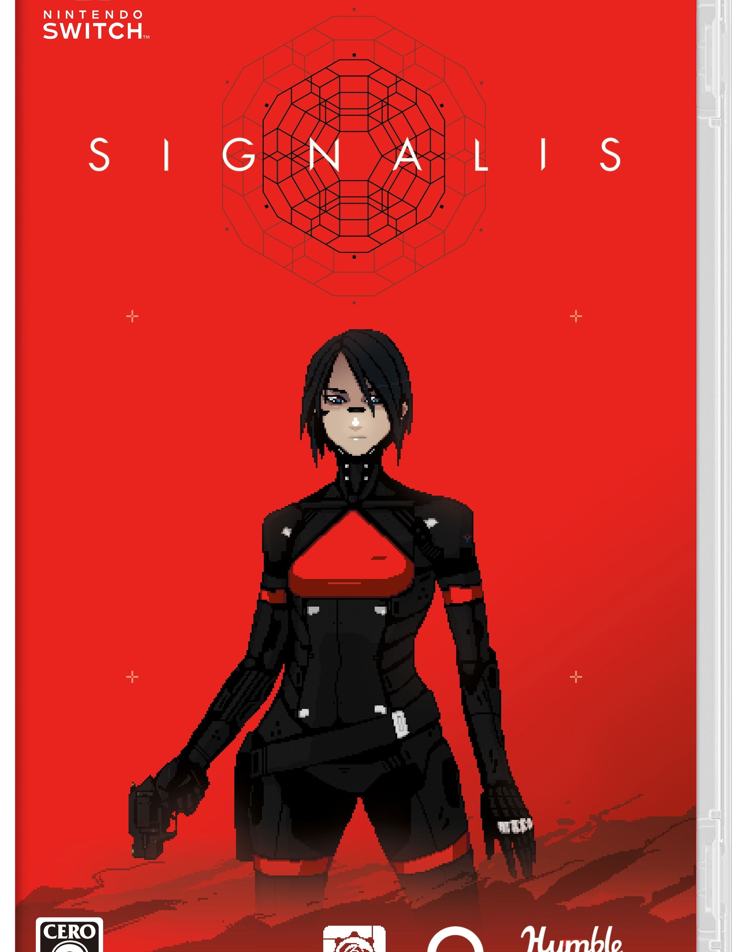 Game cover for 'Signalis' on Nintendo Switch with a character in black attire on a red background.