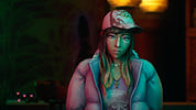A stylized digital portrait of a woman with long blonde-highlighted hair, wearing a pink camouflage baseball cap, a pink sleeveless top, and a blue vest, set against a dark, atmospheric background with green and warm light tones.