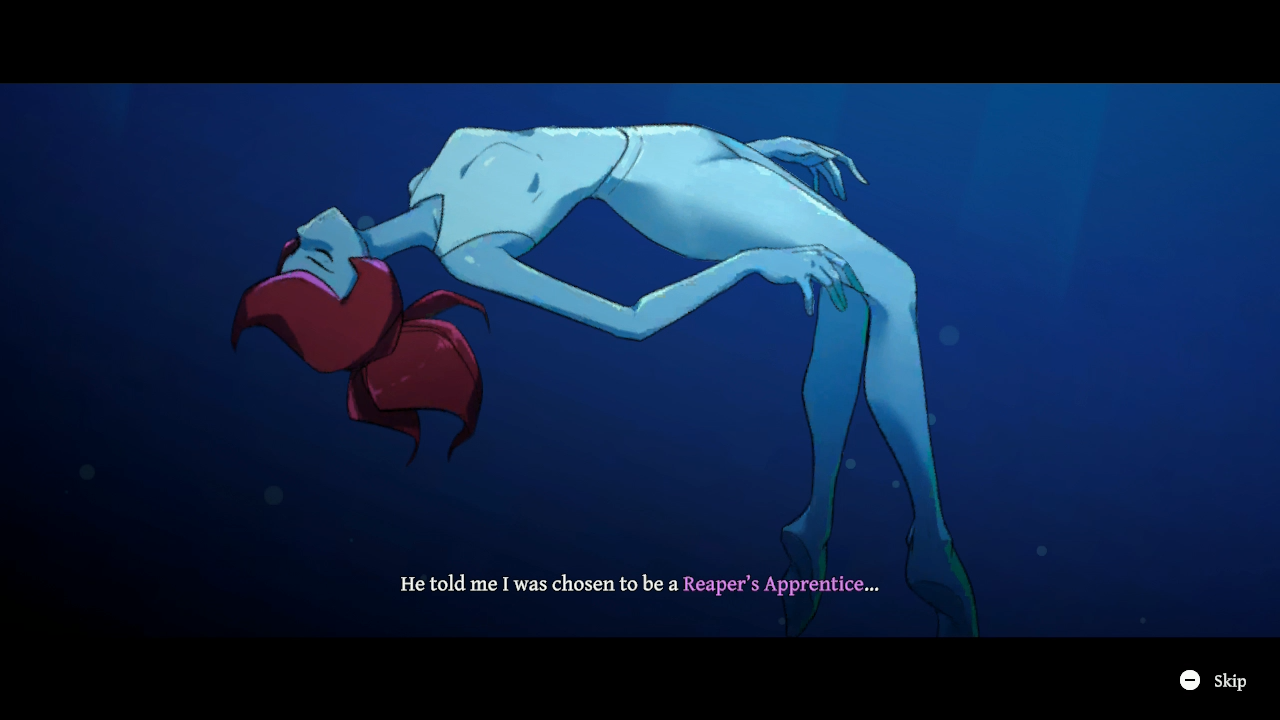 An underwater-style illustrated scene showing a pale blue humanoid figure floating above a red-haired person lying on the ocean floor. Text at the bottom reads, 'He told me I was chosen to be a Reaper's Apprentice.