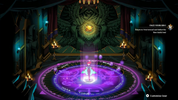 A digital game interface screenshot showing a character standing on a glowing purple circular ritual platform inside a dark, ornate hall with red curtains, candles, and a large winged skull-like figure in the background. Text on the right reads 'FACE YOUR SIN 1' with a small character icon, and a 'Customize Gear' button appears at the bottom right.