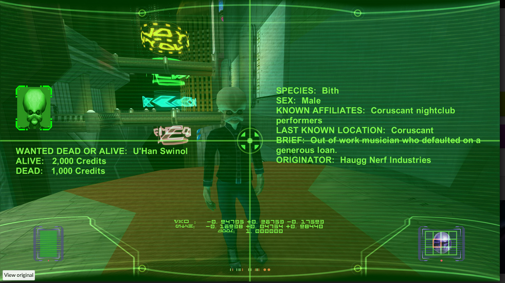 Character profile screen from a video game with green text and graphics