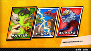 Three colorful illustrated game cards with Japanese text are shown on a yellow honeycomb background. The left card shows a polar bear, dinosaur, and horned creature on green; the middle card shows a red dragon, elephant, and lion on blue; the right card shows a blue dragon on red.