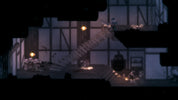 Darkly lit scene with a character standing on a platform, surrounded by candles and shadows.