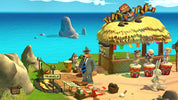 Sandbox game scene with a character in a suit standing near a tropical hut and drums on a beach.
