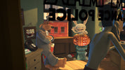 Animated scene with characters in a room, one holding a phone.