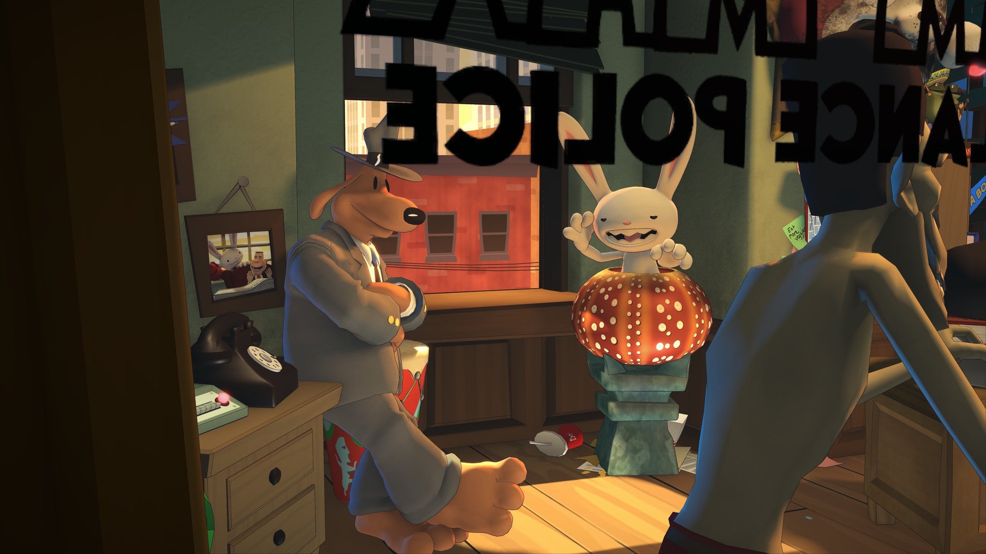 Animated scene with characters in a room, one holding a phone.