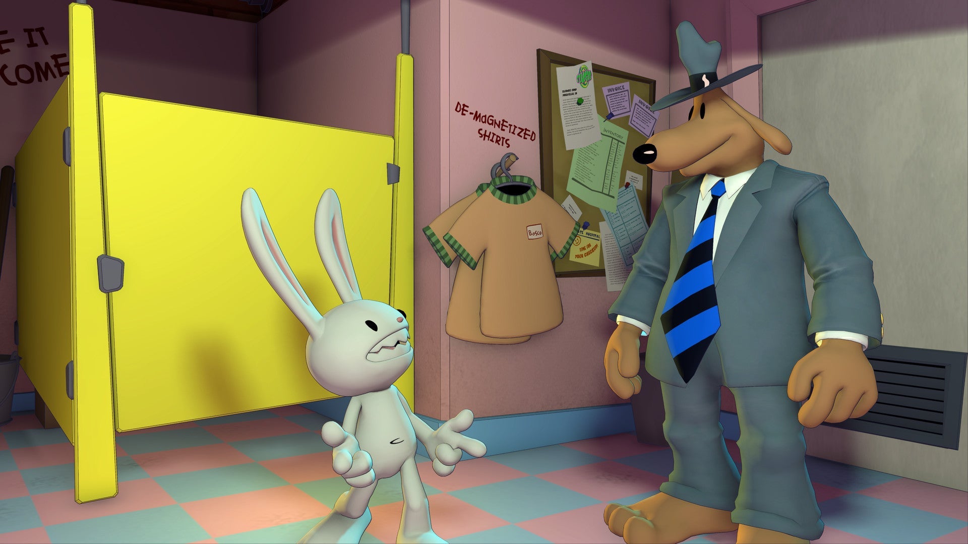 Animated characters in a colorful room with a yellow locker and pink walls.