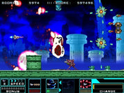 A retro 2D video game scene with a side-scrolling platformer in a neon blue futuristic environment. A white-and-black floating creature is centered, with a small brown humanoid character below it, multiple star-like projectiles, score and high-score text at the top, and a status bar with speed, bonus, and charge indicators along the bottom.