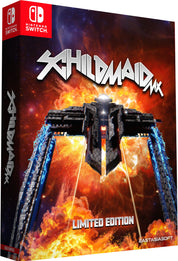 Limited edition 'Schildmaid' game box for Nintendo Switch with fiery design and spaceship illustration.