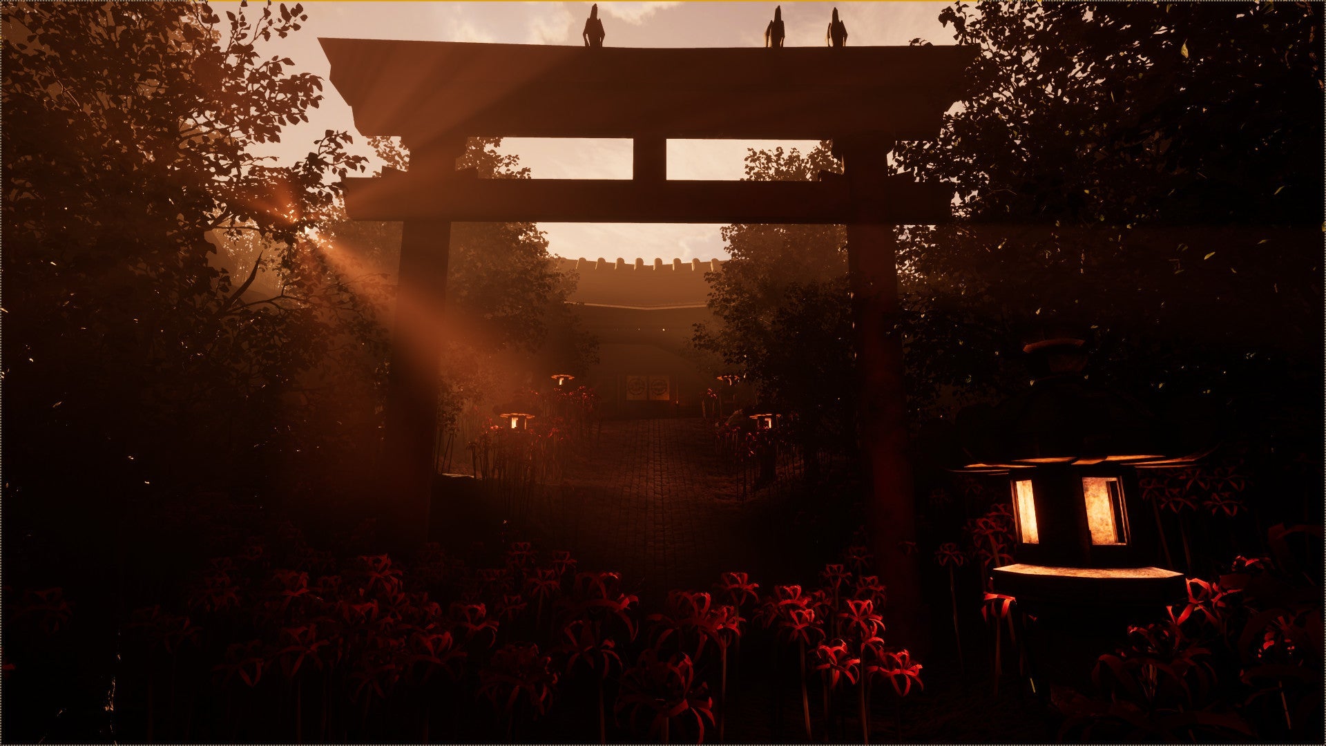 Silhouette of a traditional Japanese Torii gate with sunlight filtering through, surrounded by nature.
