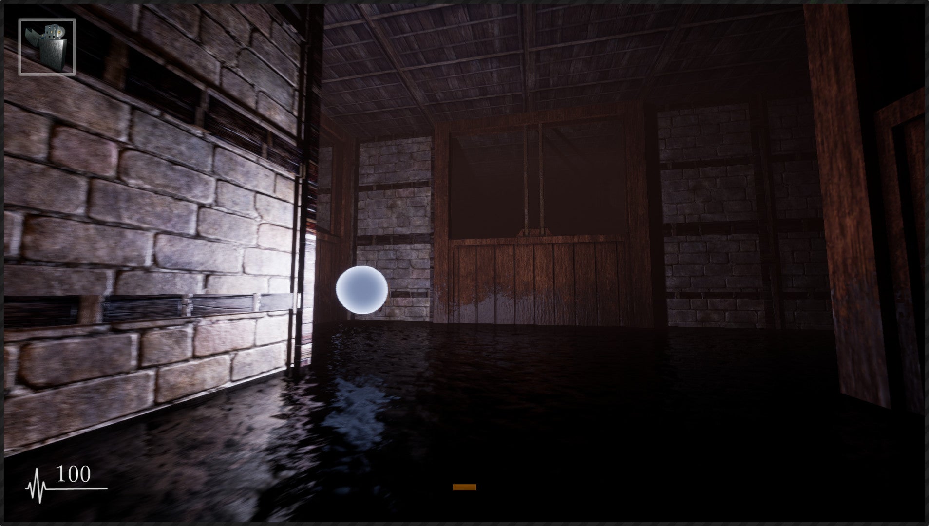 Dark, eerie room with stone walls and wooden door, possibly from a horror game.