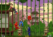 A retro 2D side-scrolling fighting game scene with multiple illustrated characters in a bamboo forest with pagoda buildings and mountains in the background.