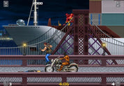 Video game scene with a character on a motorcycle and another character on a bridge at night.