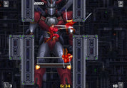 Side-scrolling video game scene showing a red and gray mecha-like robot fighting a small red humanoid character in a dark industrial corridor with UI elements and score/time displays.