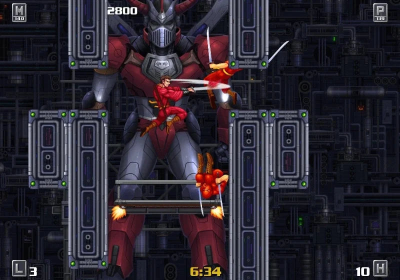 Side-scrolling video game scene showing a red and gray mecha-like robot fighting a small red humanoid character in a dark industrial corridor with UI elements and score/time displays.