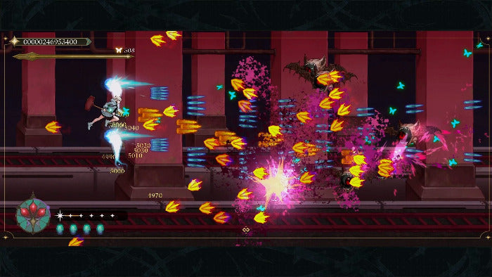 Side-scrolling video game scene with a character jumping in a dark red corridor while shooting yellow and blue projectiles, surrounded by pink and orange explosions and floating shapes.