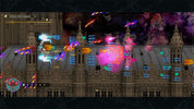 Video game screen with colorful explosions and damage numbers over a castle-like structure.
