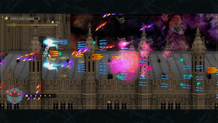 Video game screen with colorful explosions and damage numbers over a castle-like structure.