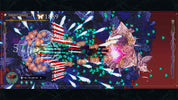 A screenshot from a Japanese visual game, showing a complex barrage system with red and white striped projectiles, glowing green star effects, and a pink floral character on the right against a dark purple background.
