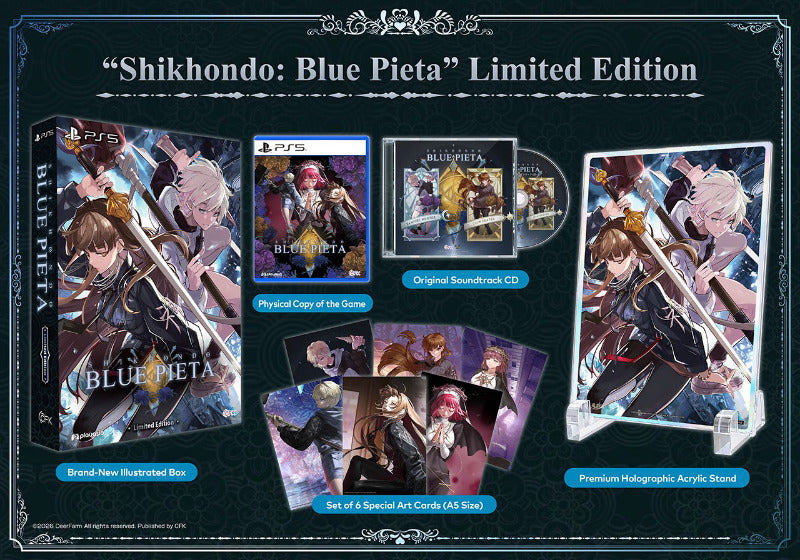 Shikhondo: Blue Pieta Limited Edition PS5 game package set displayed on a dark decorative background, including the physical game box, PS5 game case, original soundtrack CD, acrylic stand, and a set of illustrated art cards.