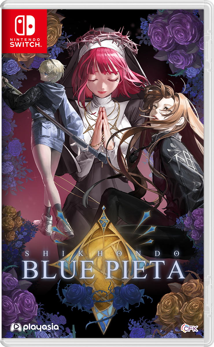 Nintendo Switch game case cover for Shikimori's Blue Pieta, featuring anime-style artwork of three characters surrounded by dark purple roses, with the Nintendo Switch logo in the top-left corner.